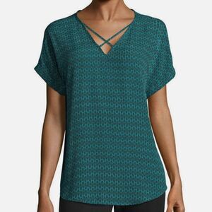 Worthington (m) turquoise GEO cap sleeve v neck short sleeve blouse